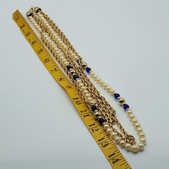 Cobalt Blue Cream Beaded Necklace Multi Strand‎ Gold Tone Statement Elegant - Picture 8 of 9